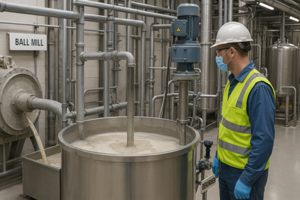 Ceramic slurry defoamer on a body-slip line: covered tank with top-entry agitator, vacuum deaeration vessel, and inline magnetic filter before spray drying.