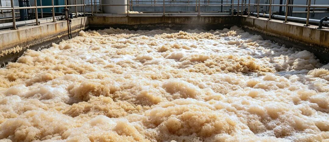 INVINO Wastewater Aeration Basin Foam Buildup Heavy chemical surfactant foam accumulation inside an industrial wastewater aeration basin obstructing water-air interface