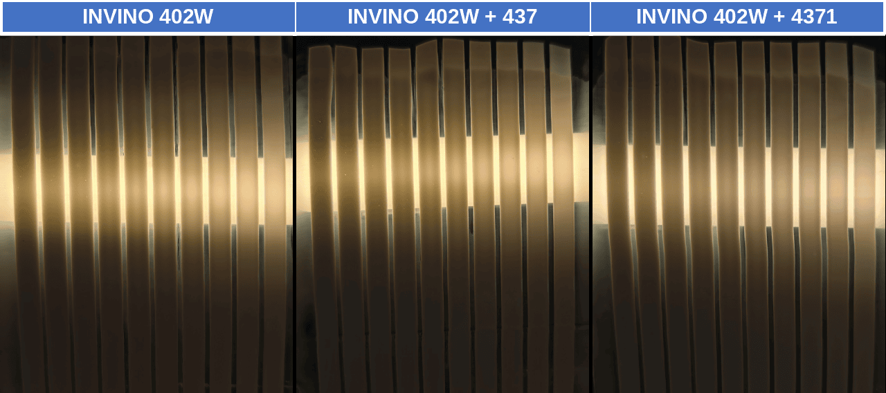 Waterborne epoxy primer film gloss comparison Film gloss comparison of INVINO 402W alone, with 437 defoamer, and with 4371 defoamer