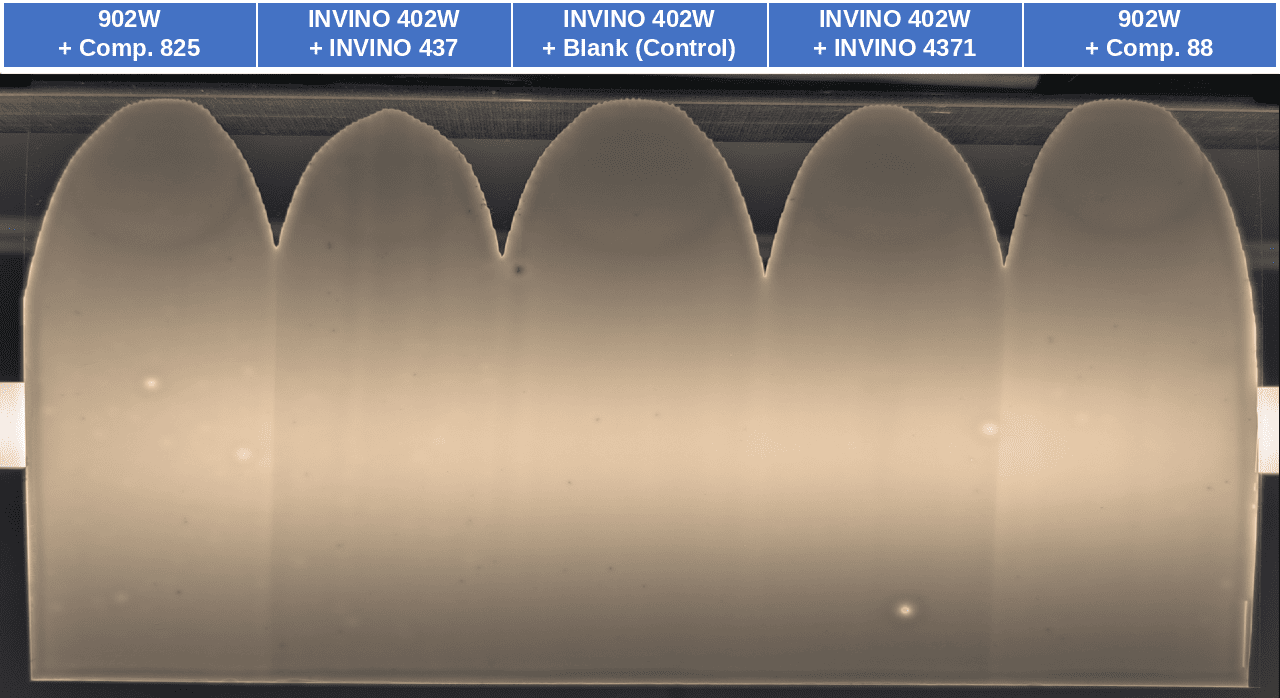 2K matte white topcoat wet film drawdown Wet film drawdown comparison of INVINO 437 and 4371 defoamer against a blank control and competitor defoamers