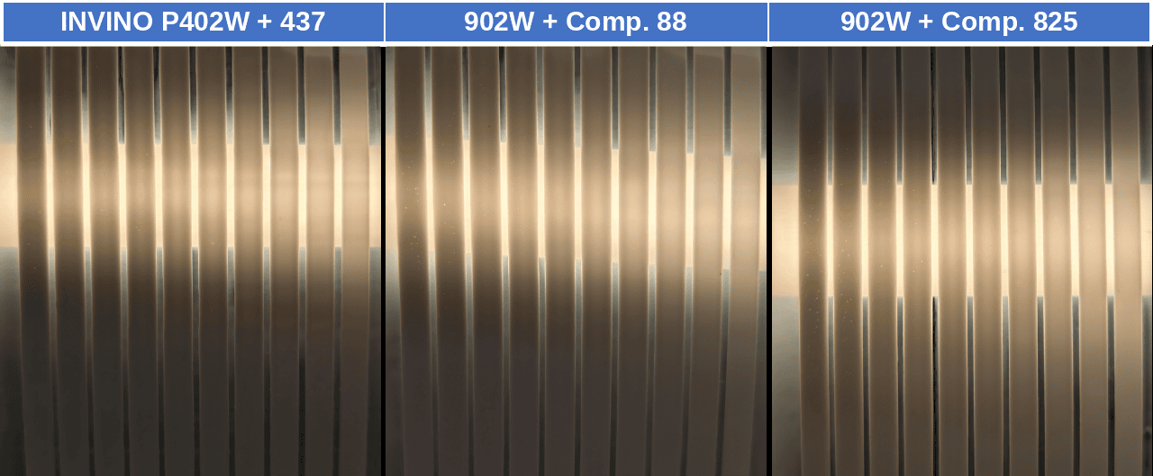High-build wet film macro-foam elimination test Coating film gloss and surface defect comparison of INVINO P402W with 437 defoamer versus competitor defoamers