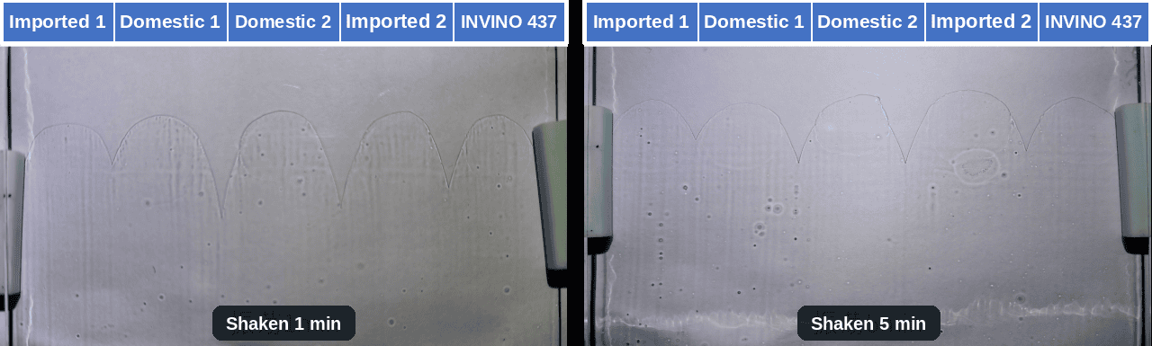 INVINO 437 ink compatibility shake test Ink compatibility test after 1 minute and 5 minutes shaking comparing INVINO 437 defoamer with imported and domestic products