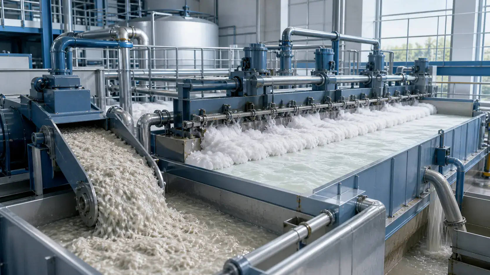 Illustrative view of a recycled-paper flotation deinking line with controlled froth and pulp flow